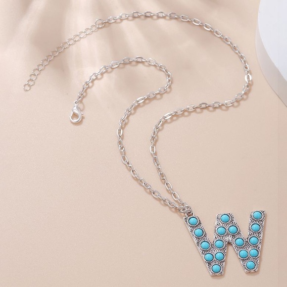 Alphabet Letter Name Initial Western Turquoise Faux Stone Silver Boho Necklace - Picture 8 of 11